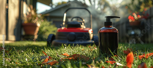 Bottle of Soap by Lawn Mower in Grass