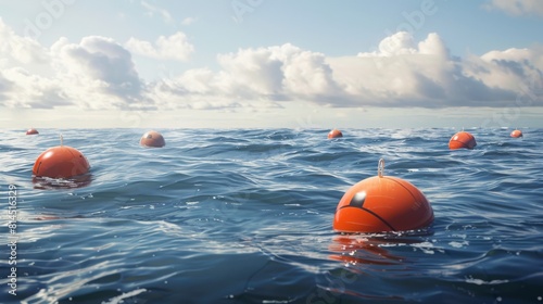 Numerous orange buoys bob on the serene sea under a morning sky dotted with clouds. © Emiliia