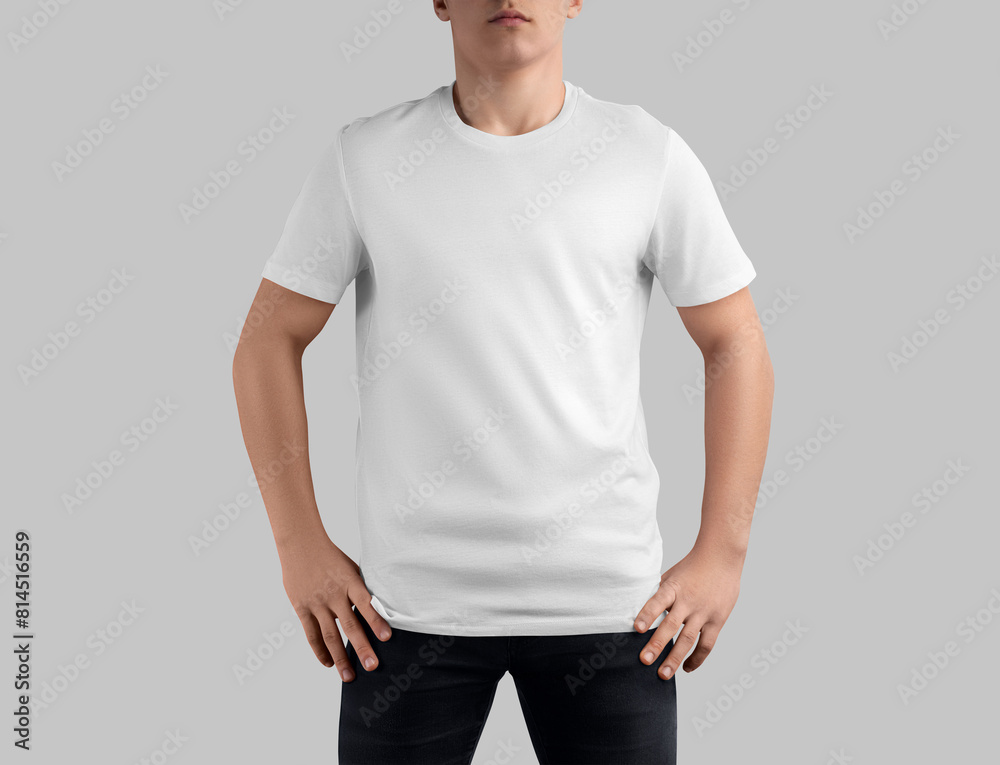 Fototapeta premium White t-shirt mockup on guy in black jeans, crew neck shirt for design, print, branding, front view.