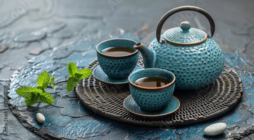 Tea Pot and Two Cups on Plate