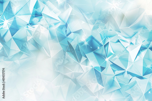 Abstract background with light blue and white polygonal shapes, triangles of different sizes and shades of cyan and aquamarine, a shiny and sparkling effect 