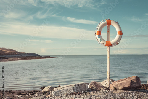 Orange and white lifebuoy on pole by serene lake with clear sky and distant hills
