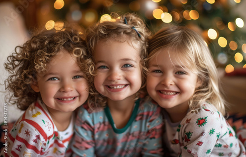 Three children are smiling, one child is blond and the two other kids have dark hair, a christmas tree is in the background, creating a cozy home atmosphere