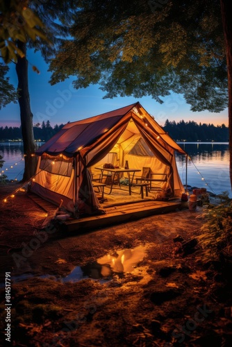 Tent Pitched on Lake Shore at Night