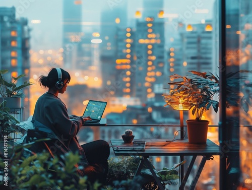 Dive into the world of remote work with this captivating image of a young professional working on a laptop from a home balcony, offering a stunning view of the bustling city below. Experience the free