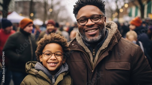 African American father and child, radiating love and happiness. Happy father's day. Warm wishes.