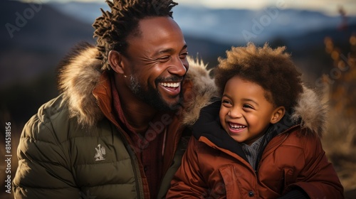 African American father and child, radiating love and happiness. Happy father's day. Warm wishes.