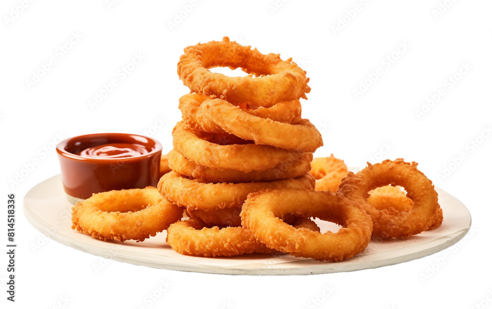 Gourmet Tower of Crunchy Onion Rings Delight with Dipping Sauce Isolated On Transparent Background PNG.