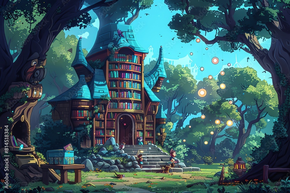 Fototapeta premium Illustrate in traditional medium the wide-angle scene of a magical library in a enchanted forest, where animated books teach young adventurers with whimsical creatures and floating knowledge orbs