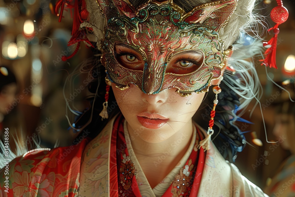 Wolf Kitsune Mask: Photorealistic Fantasy Art of Woman in Intricately Detailed Kimono