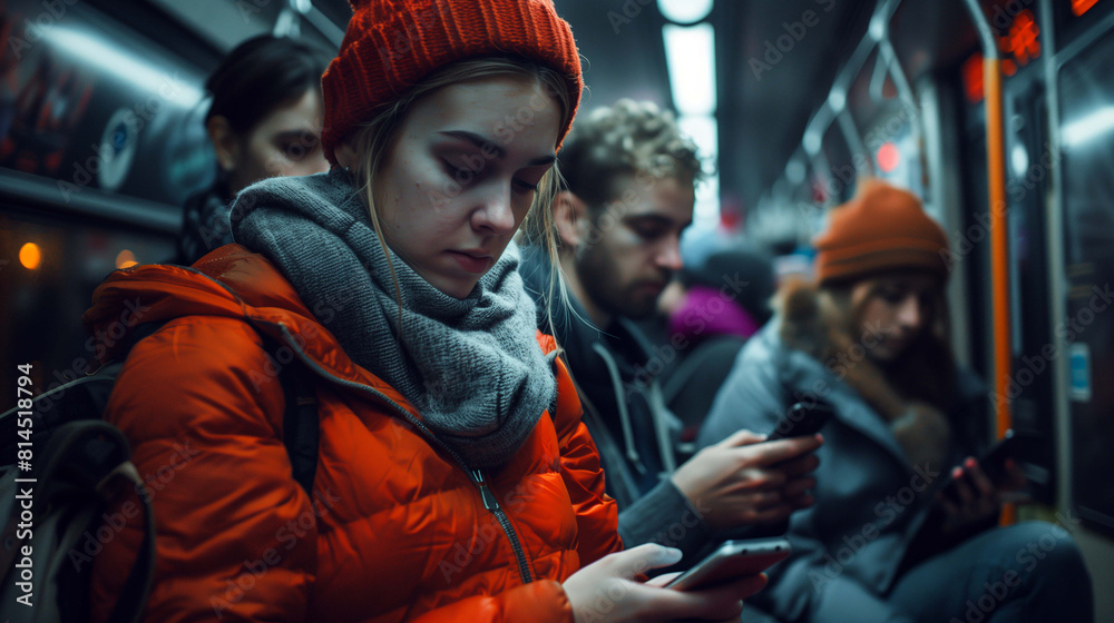 People on a subway are lost in their phones, oblivious to the presence of others around them People on a subway are lost in their phones, oblivious to the presence of others around them