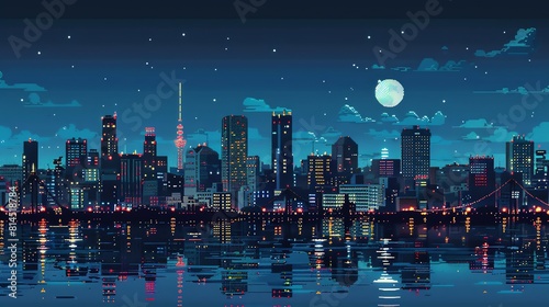 A pixelated cityscape at night. The moon is full and the stars are out. The city is reflected in the water below.