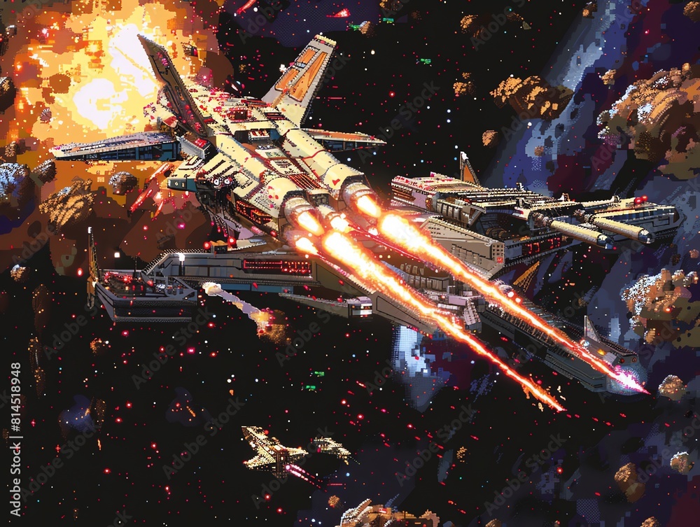 Naklejka premium A lone spaceship flies through an asteroid field, its engines glowing brightly as it narrowly avoids the incoming fire of enemy ships