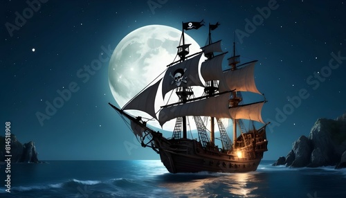 A pirate ship sailing under a starry sky with a fu