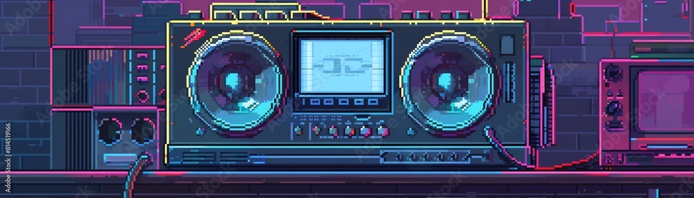 Create a pixel art illustration of a retro boombox playing a cassette tape Create a pixel art illustration of a retro boombox playing a cassette tape