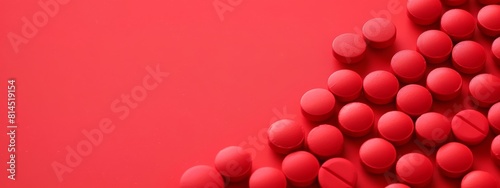 dose of red pills copy space banner. dietary supplement pills close up top view. immune prevention care concept