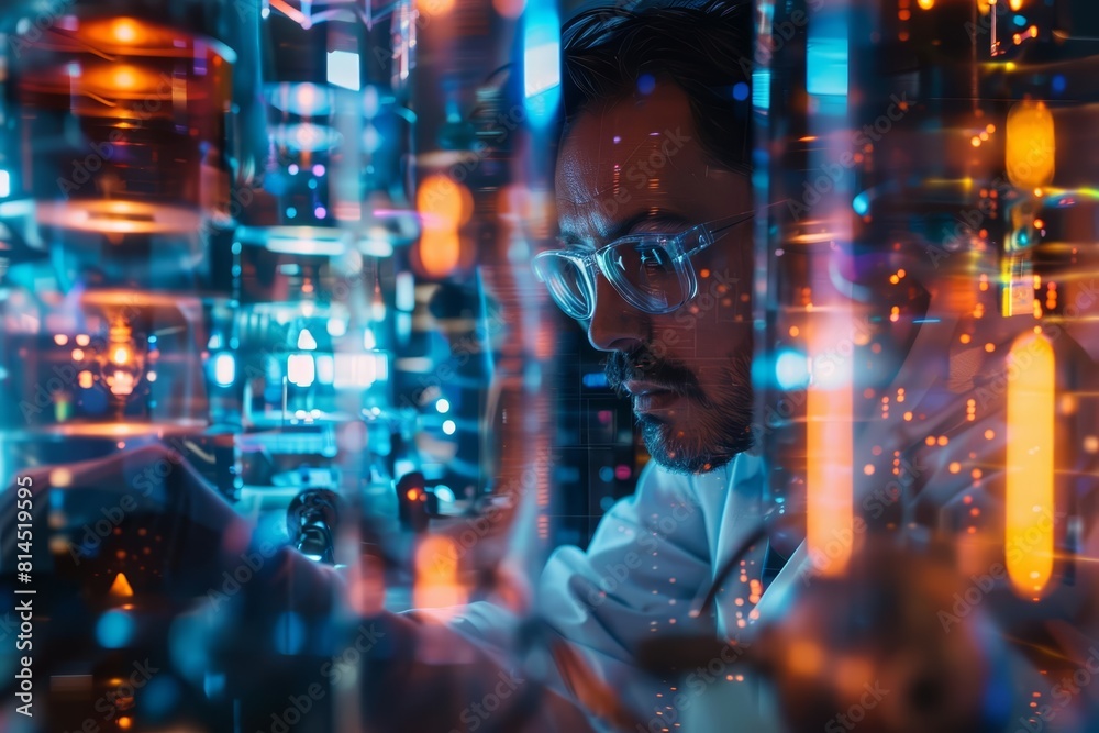 Closeup of a quantum computing scientist, working amidst complex hitech holograms in a visually rich, cinematic lab environment Closeup of a quantum computing scientist, working amidst complex hitech holograms in a visually rich, cinematic lab environment
