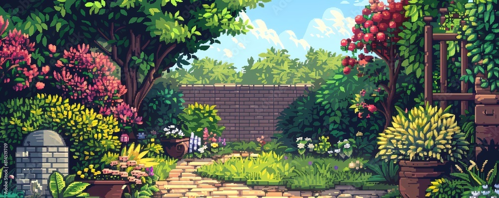 A beautiful garden with a variety of flowers, plants, and trees A beautiful garden with a variety of flowers, plants, and trees