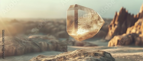 Closeup of creative fantastic of future item, a crystalline time capsule hovering over an ancient landscape, with a blurry background, styled in vintage styles