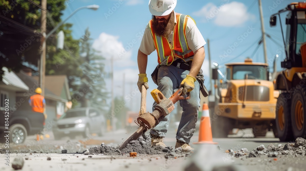 An energetic young road construction worker, with a beard and hard hat, using a jackhammer to break up pavement on a sunny day. An energetic young road construction worker, with a beard and hard hat, using a jackhammer to break up pavement on a sunny day.