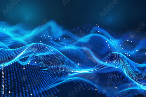 Abstract blue tech background with digital waves, network system with artificial neural connections and cyber quantum computing 
