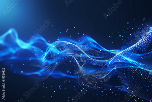 Abstract blue tech background with digital waves, network system with artificial neural connections and cyber quantum computing 