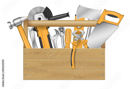 Construction box with hand tools, repair kit, vector illustration.