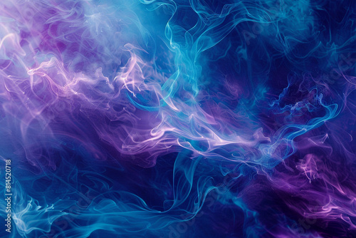 Abstract blue, mint, and purple background with interlaced smoke glitch and distortion effect Futuristic cosmos design 