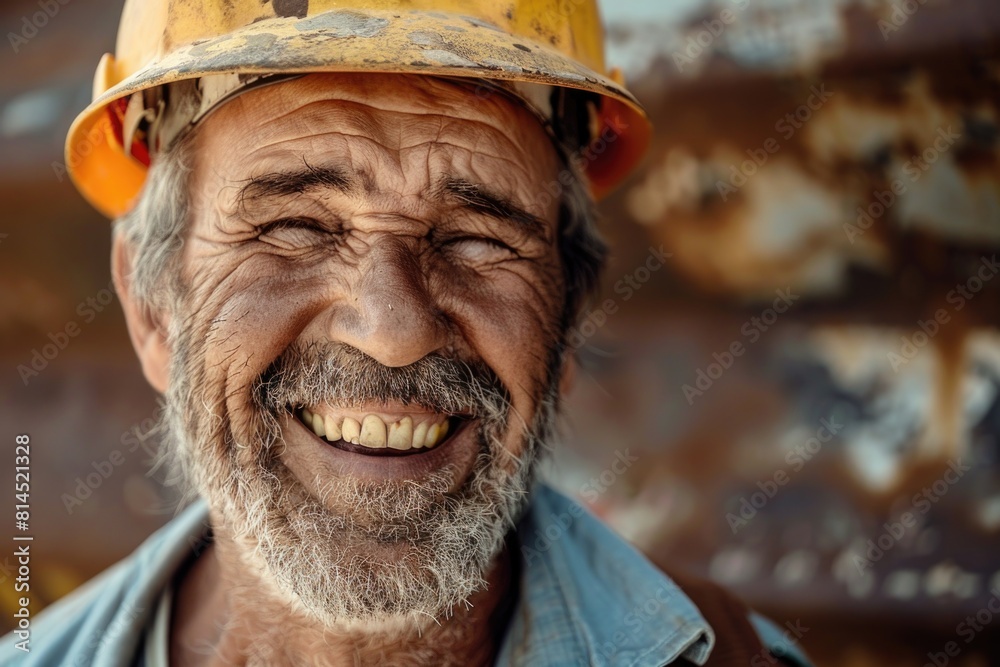 A man wearing a hard hat smiles, suitable for construction industry