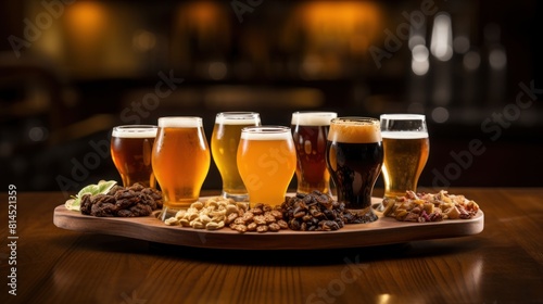 Glasses with different sorts of craft beer on wooden tray. Table for company of friends. Crispy snacks and different types of beer in glasses on wooden background, close up photo