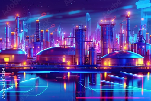 A futuristic city at night with glowing lights. Ideal for technology and urban themes