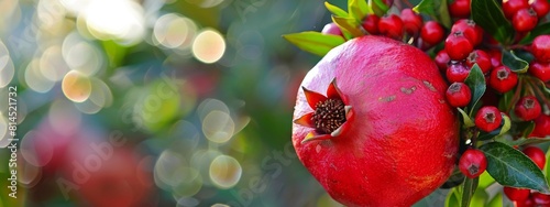 Red pomegranate flowers on  pomegranate blossoming tree in the garden, var. Punica granatum plant, banner photo