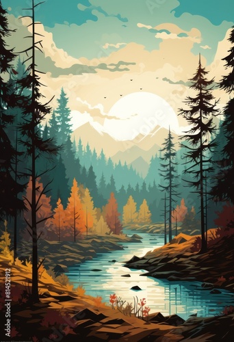 National park vintage colorful posters with deer head moose and and backpack on nature landscapes illustration, Big wild male mammal, Wild Moose in forest jungle, river