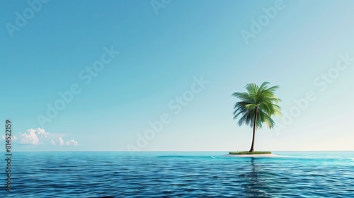 Lone palm tree on desert island with ocean and sunny sky. Ideal for text background.