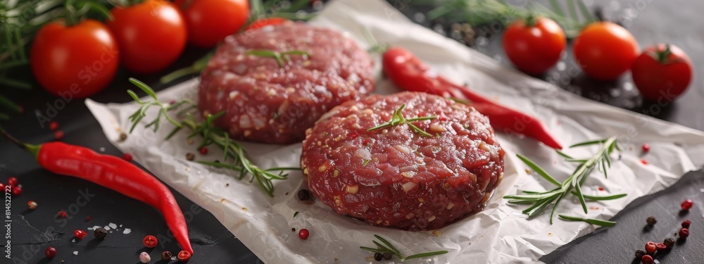 Raw burgers on parchment paper with tomatoes, chili peppers and 