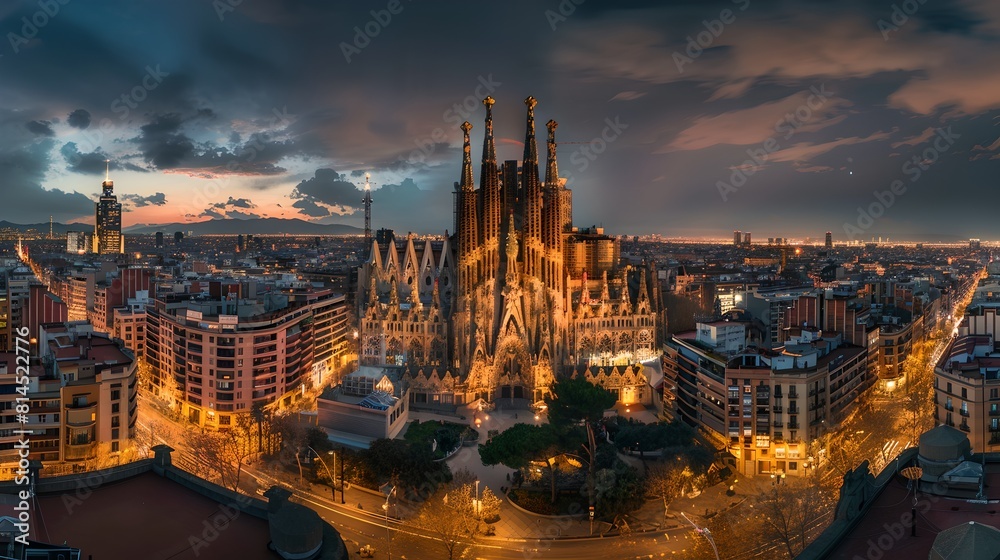 Fototapeta premium Breathtaking sunset over iconic European cathedral in a bustling city. Aerial cityscape capturing history and modern life. Perfect backdrop for travel and culture themes. AI