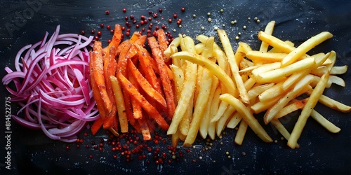 Variety of French Fries: Classic and Spicy Options on a Rustic Background. Concept French Fries, Classic, Spicy, Rustic Background, Food Photography photo