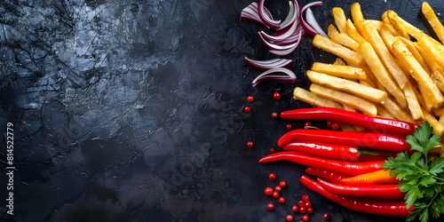 French Fries Assortment: Classic and Spicy Options on a Rustic Background. Concept French Fries, Assortment, Classic, Spicy, Rustic Background photo