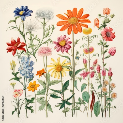 Botany. Set. Vintage flowers. Herbs and Wild Flowers. Colorful illustration in the style of engravings.