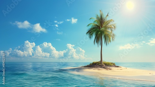 Solitary palm tree on an island surrounded by ocean under a sunny sky.