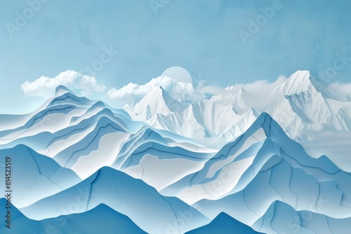 Trendy art paper collage design of a serene mountain landscape, where delicate paper layers form peaks dusted with snow, under a clear blue sky in a minimal style © JK_kyoto