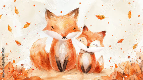 watercolor illustration of cute mouther fox and baby fox with autumn leaves, cozy illustration, ;ight background photo