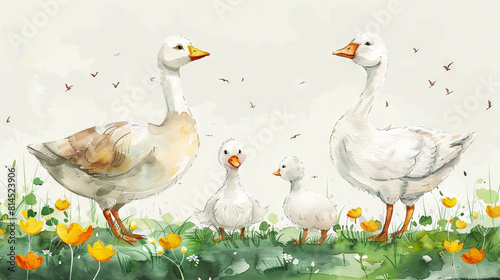 watercolor illustration of cute family goose