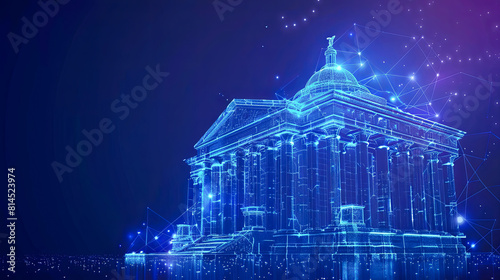 Abstract polygonal illustration of a bank building on a blue background.