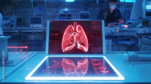 3D lung lab room with a large tablet laid on a table  showcasing a red scifi holographic