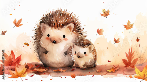 watercolor illustration of family of hedgehog in the autumn leaves background  love concept