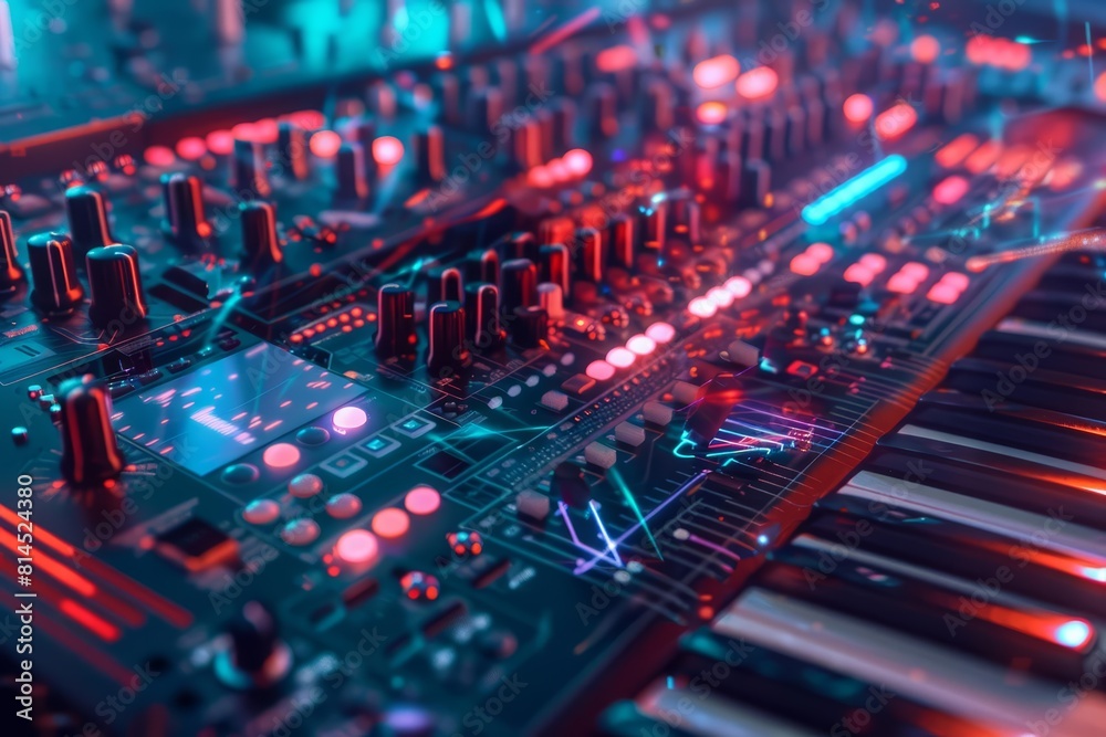 A closeup of a cuttingedge music composition and editing interface, with a blurred concert hall in the background, adorned with hitech hologram effects and futuristic colors