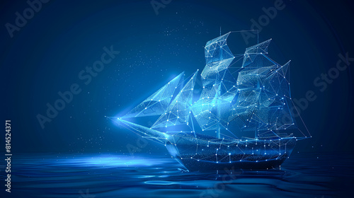 Fototapeta Naklejka Na Ścianę i Meble -  Abstract blue polygonal ship on dark blue background. Vector illustratio