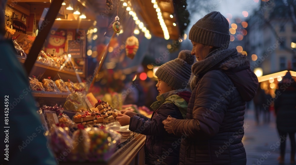 A woman and a child gazing at delicious food. Suitable for food blogs or nutrition websites A woman and a child gazing at delicious food. Suitable for food blogs or nutrition websites