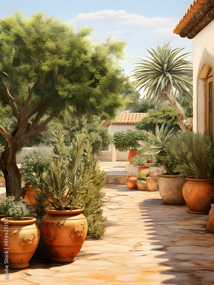 Illustration of a mediterranean terrace with plants and trees in terracotta pots 